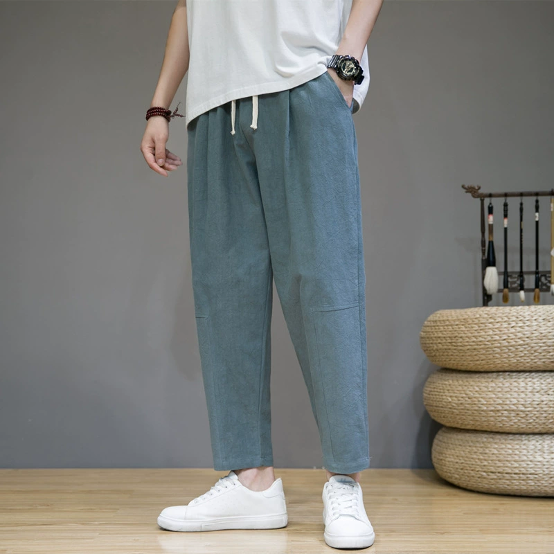 Летние новые мужские однотонные хлопковые льняные свободные брюки до щиколотки в китайском стиле, молодежные модные повседневные спортивные брюки