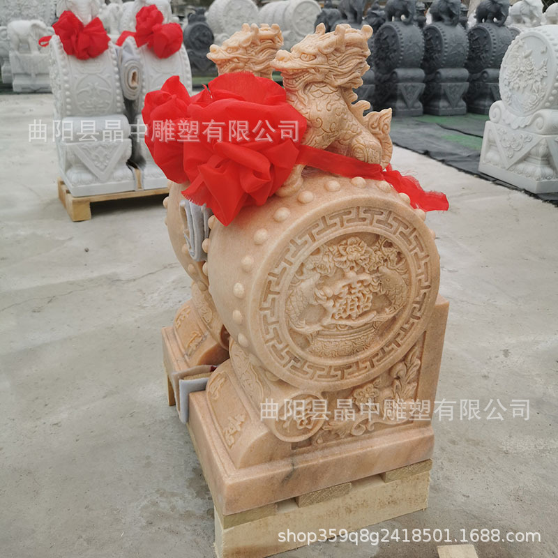定制石雕门墩抱鼓一对汉白玉石鼓晚霞红青石小象貔貅麒麟门口摆件