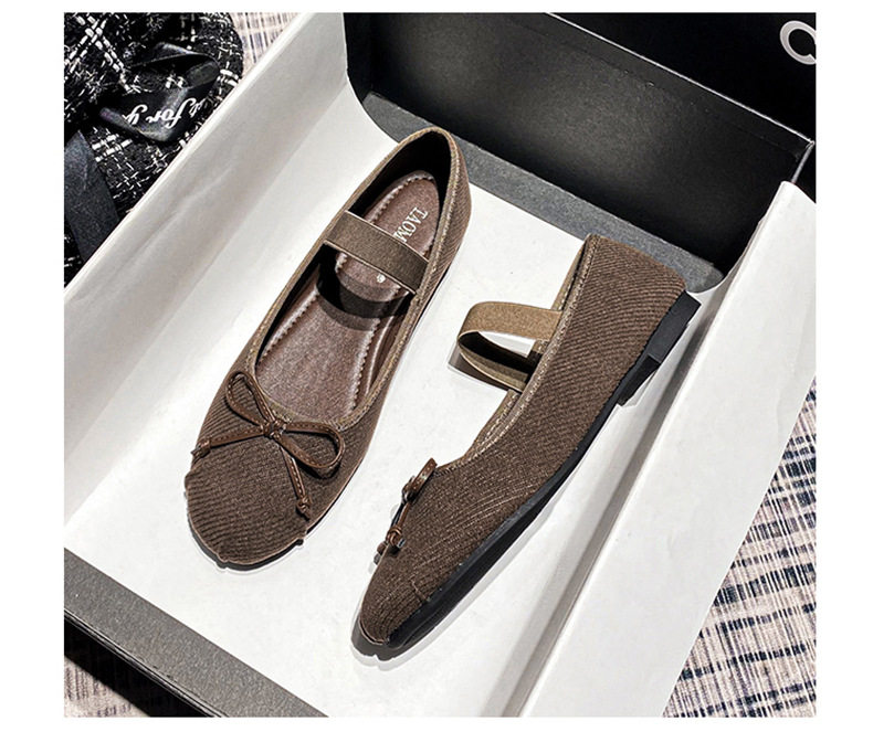 Giày búp bê nữ Mary Jane đế bằng mũi tròn thắt nơ, quai thun co giãn, gót thấp 1–3 cm — Màu nâu, Màu đen chi tiết 25