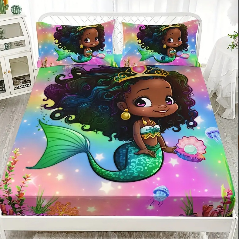 TEMU / JIT transfronterizo tejido doméstico niña sirena patrón 3D impresión digital cama