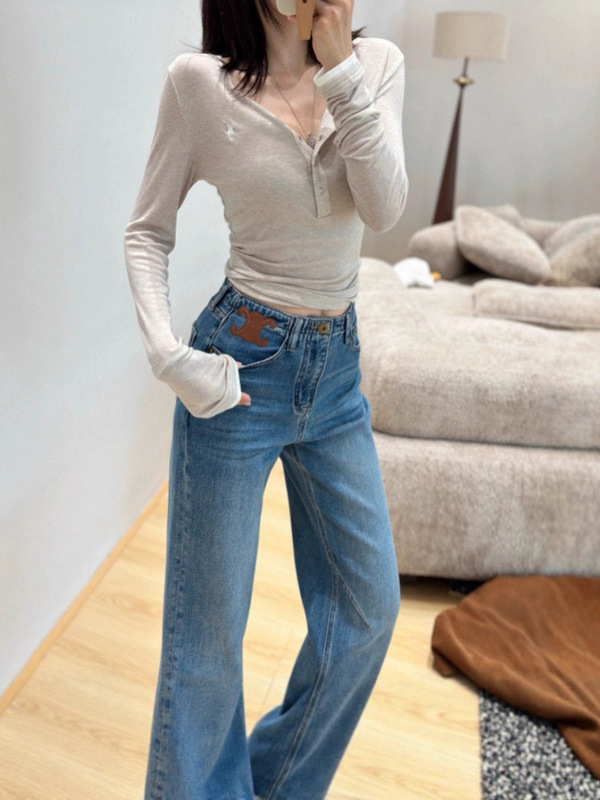 网红凯旋门皮标蓝色牛仔裤女春秋休闲百搭显瘦直筒牛仔裤阔腿裤子|undefined
