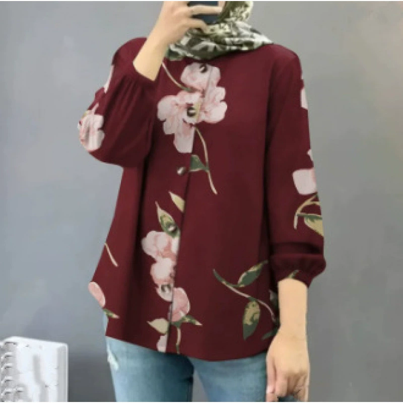 В наличии на Amazon Женская мусульманская рубашка с принтом Модная рубашка с пышными рукавами Повседневная свободная одежда