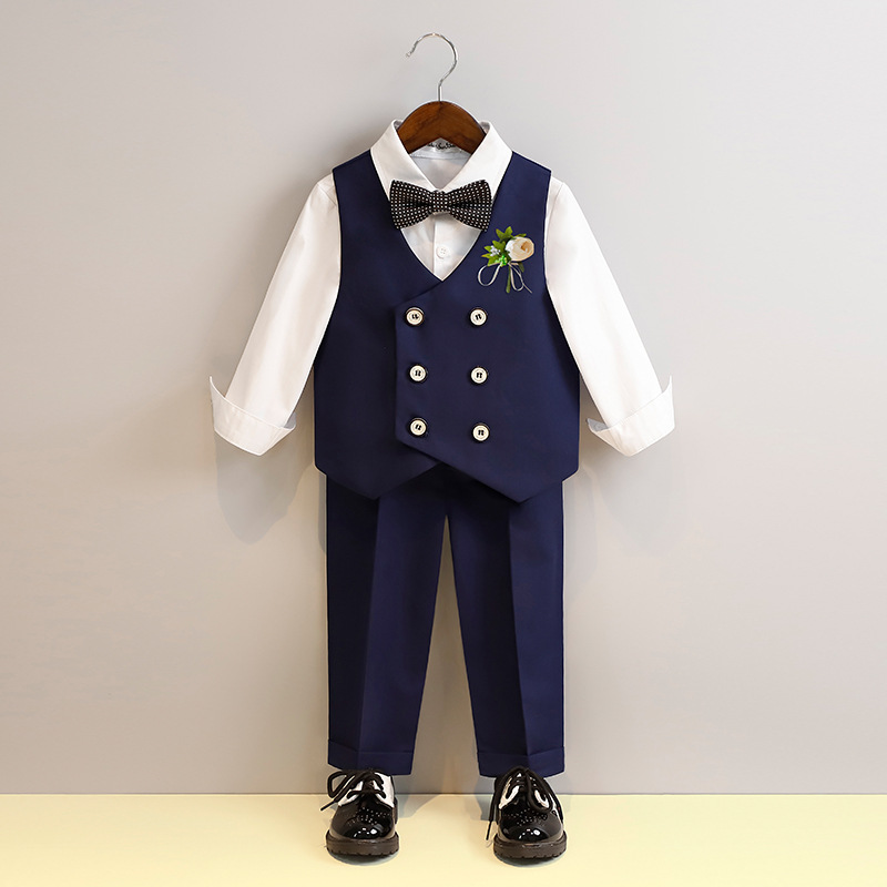 Boys' Dress Spring and Autumn Baby's First Birthday Small Suit Set Children's English Suit Flower Boy Performance Dress