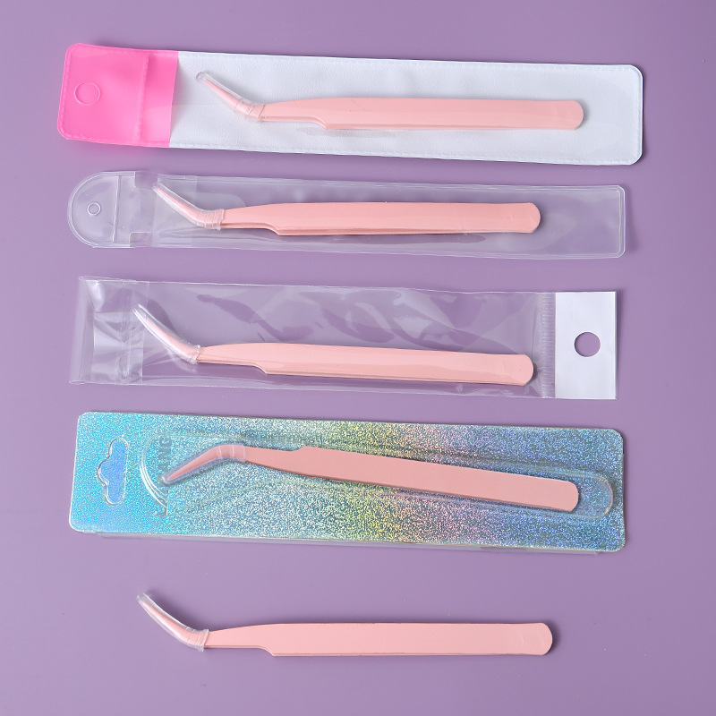 123长不锈钢镊子全喷弯头粉色精密镊子假睫毛免胶镊子插卡尖头