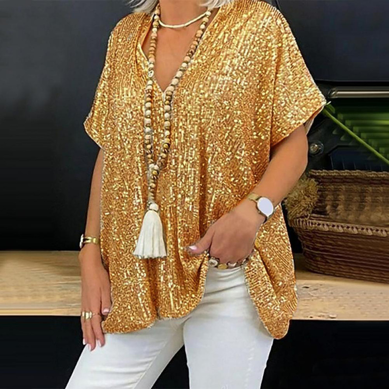 Factory Direct sales 2023 new independent station European and American New loose sequined V-neck short sleeve casual sequined deep V shirt