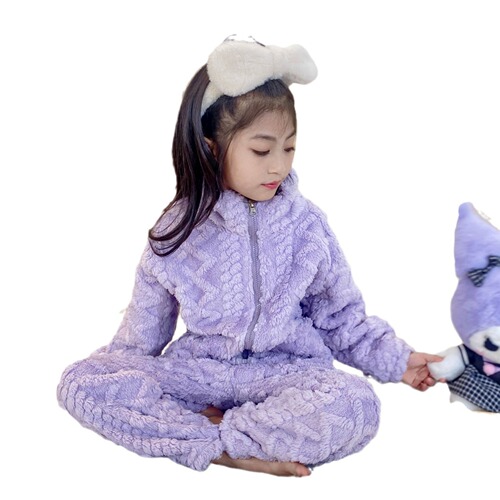 Autumn/Winter Kids Thicker French Terry Pajamas for Girls, Baby Korean Style Homecoming Clothes, Coral Fleece