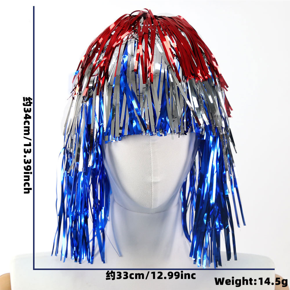 Nueva ropa de fiesta del Día de la Independencia rojo, plata, azul, sombrero de seda lluvia, peluca, desfile del Día Nacional de los Estados Unidos, vestido de seda lluvia de colores