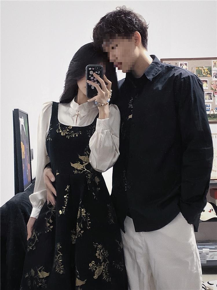 新中式情侣装秋季小众设计感长袖衬衫女旗袍连衣裙法式一裙一衣潮