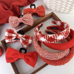 韓版新款紅色小香風針織毛線蝴蝶結抓夾布藝發箍中國紅新年髮飾品