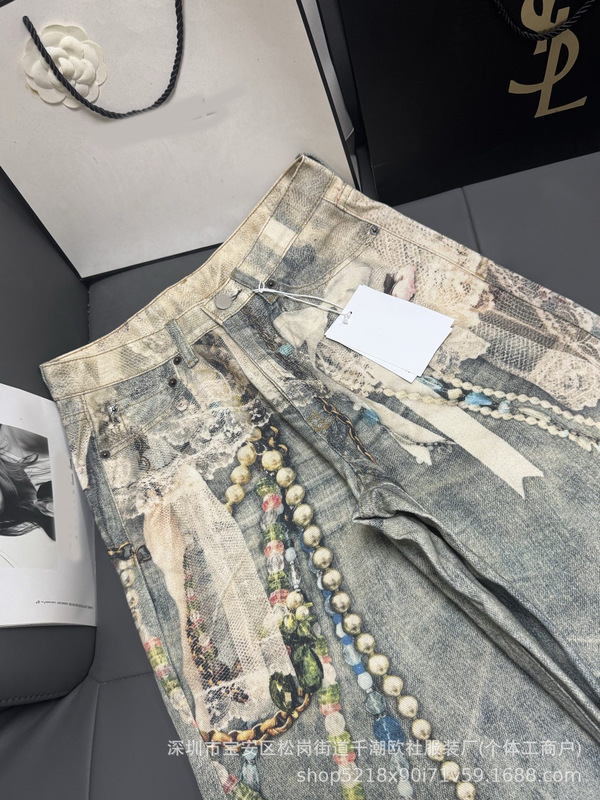 25SS南油品质高端女装AC蕾丝珍珠链条3D印花高腰阔腿直筒牛仔裤女|undefined