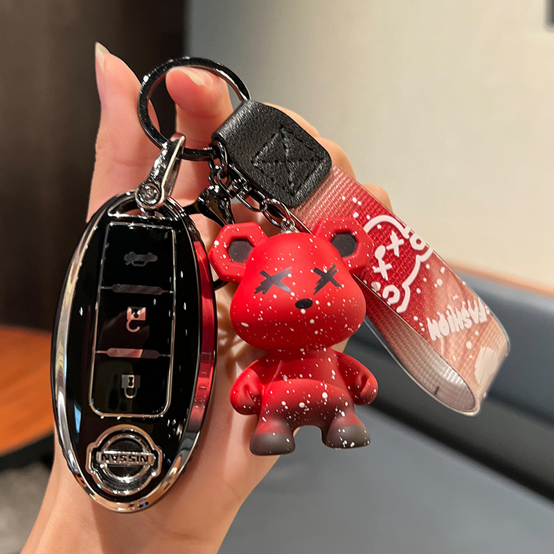 닛산 C-스마트 3 키 [싱글 쉘 블랙] + 레드 폭력 곰 펜던트