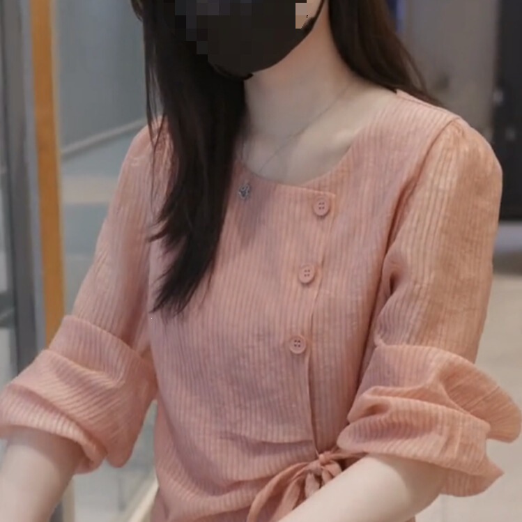 Trendy New Fashion Irregular Slim-Fit Top Stylish Autumn Tie-Up Striped Shirt Design Women's Long-Sleeve Pink Shirt