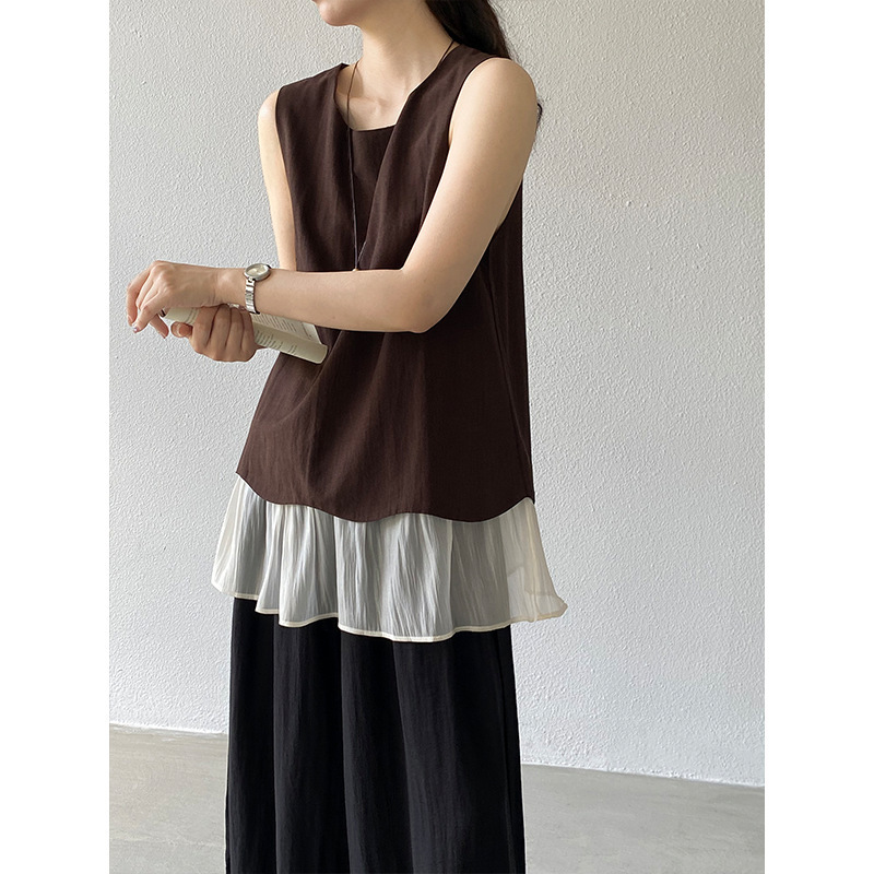 Jiangzuo Korean Style Fake Two-Piece Sleeveless Shirt for Women 2026 Summer New Loose Slimming Mesh Patchwork Top 66133