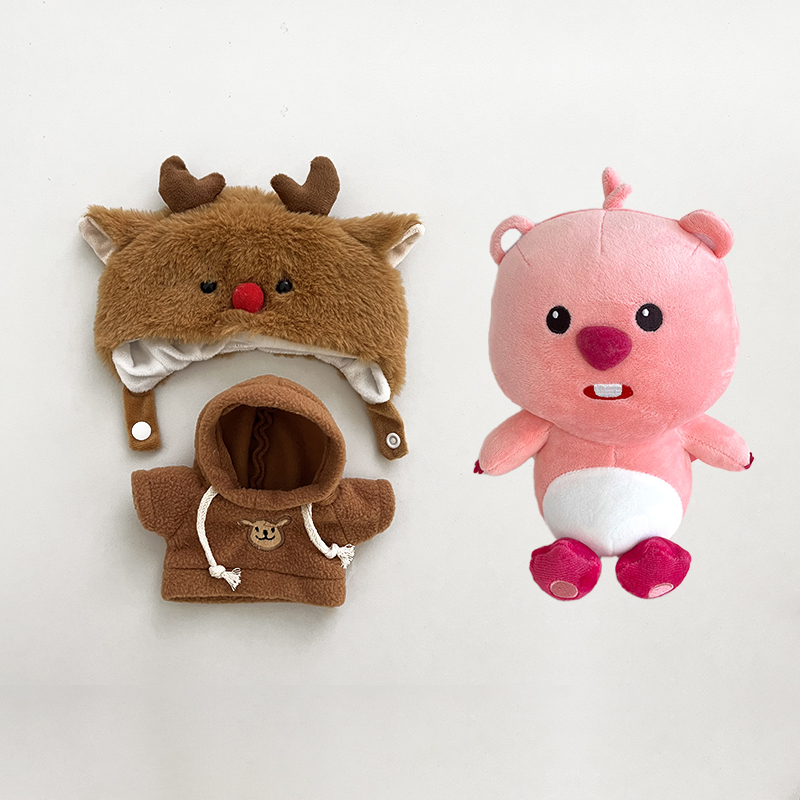 지렁이 사슴 모자 + 비버가 달린 갈색 스웨트셔츠