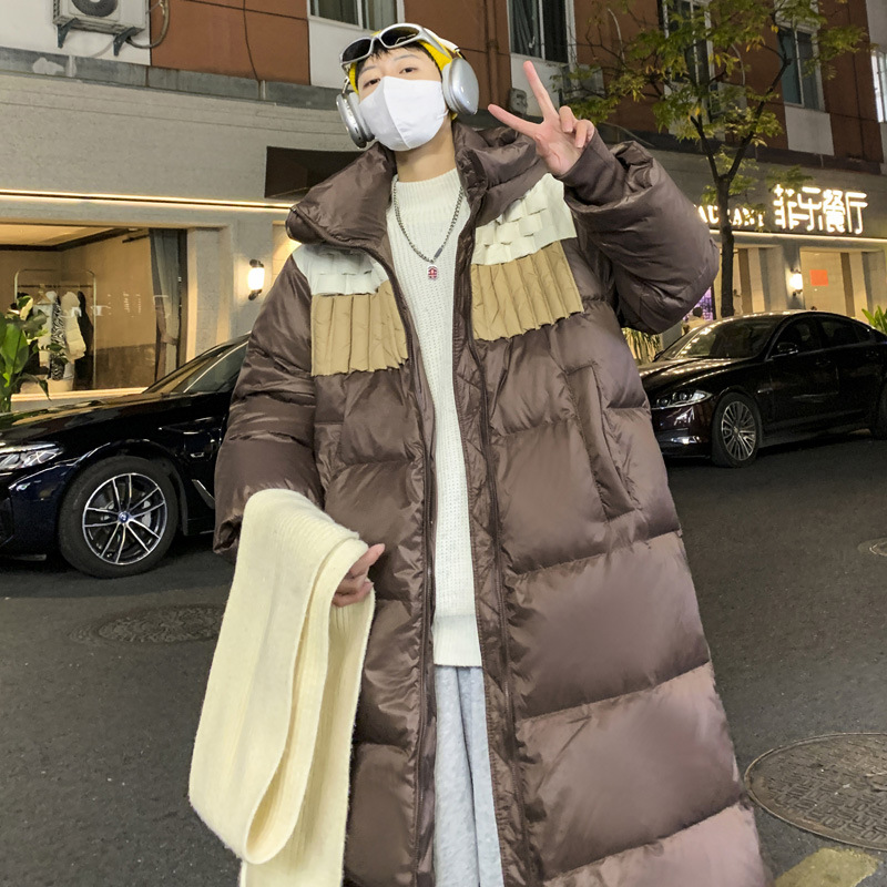 长款羽绒服2023冬季新款慵懒风拼色绑带外套男式个性连帽冬装批发