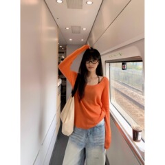 欧美跨境外贸纯欲橘色薄款长袖防晒罩衫T恤辣妹宽松休闲露肩上衣