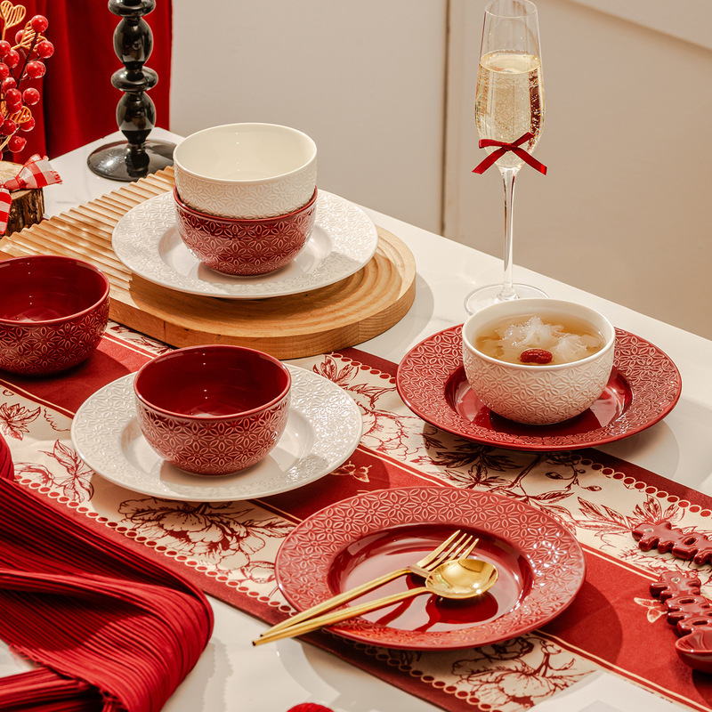 Chinese-Style Rice Bowls, Household Bowls, Plates, Red Tableware, Newlywed Wedding, Housewarming, Ceramic Bowl and Plate Set, Underglaze Color Chinese-Style Rice Bowls, Household Bowls, Plates, Red Tableware, Newlywed Wedding, Housewarming, Ceramic Bowl and Plate Set, Underglaze Color