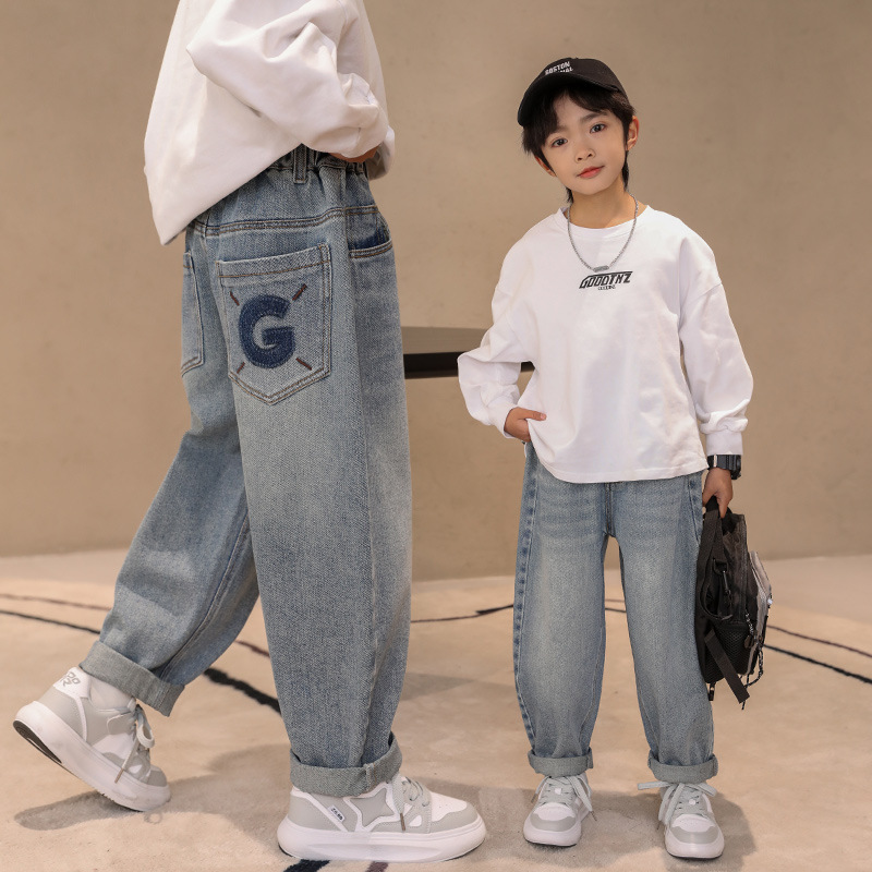 Men's Jeans 2024 Spring and Autumn New Middle and Large Children's Pants Loose Straight Leg Spring Boys Children Casual Pants