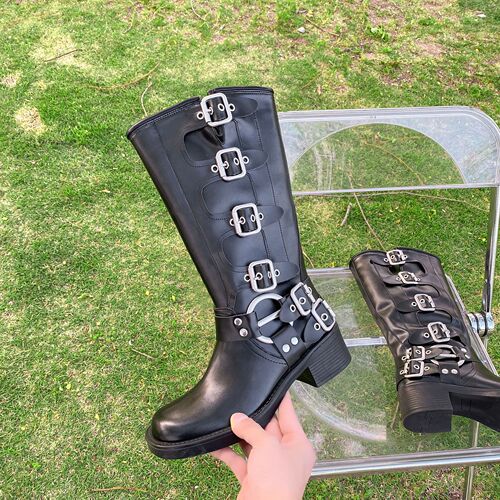 Belt buckle retro tall boots fashion boots women's boots over-the-knee boots thick heel western boots height leather boots