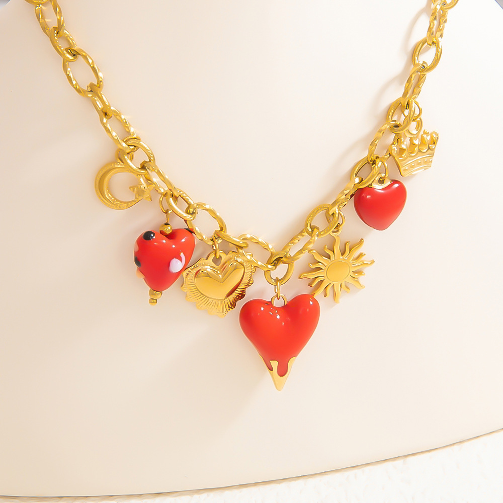 Pendant Necklace Classification 304 Stainless Steel Chain Material Wholesale Jewelry IG Style Sun Heart Shape Crown 304 Stainless Steel 18K Gold Plated Enamel Plating Pendant Necklace