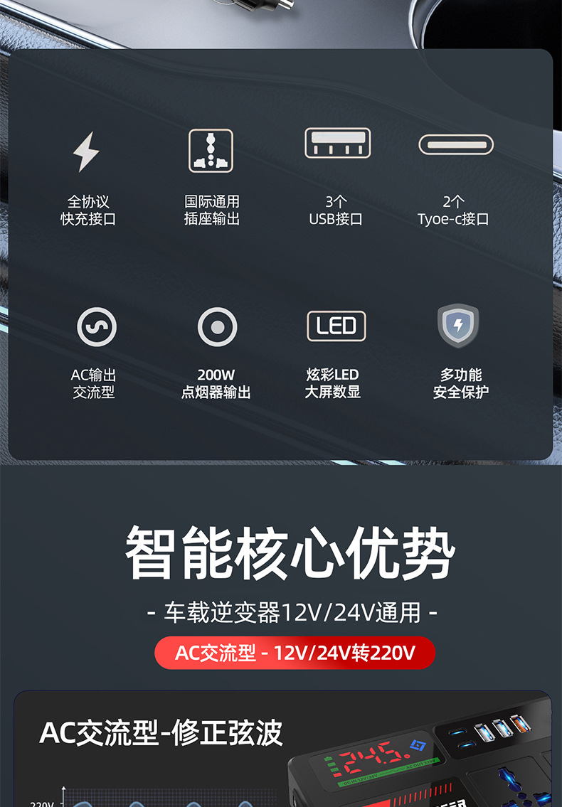 AC car inverter 12V24V universal to 220V high-power intelligent car inverter converter charger