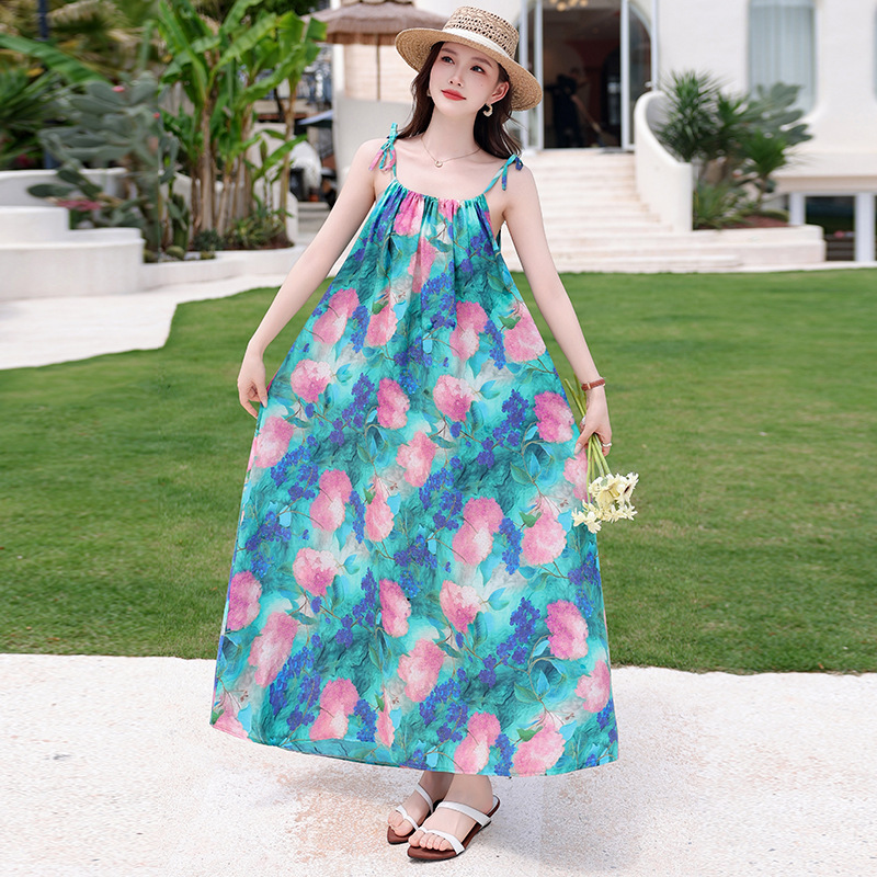 Vacation-Style Floral Print Dress, Stunning and Unique, Women's Summer Spaghetti Strap Long Dress, Slimming and Elegant, Beach Dress