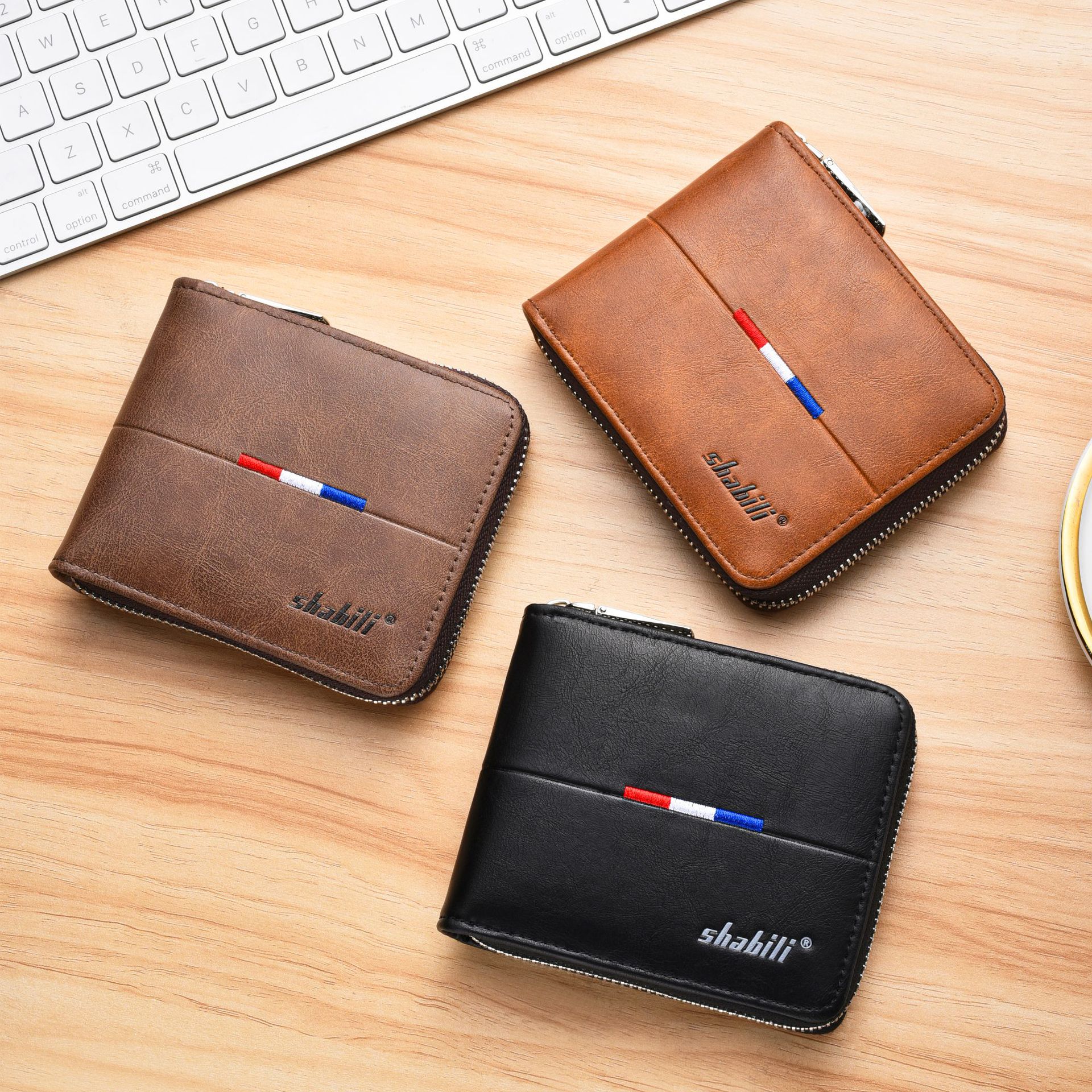 Cartera corta de hombre retro horizontal con cremallera moda clásica al por mayor