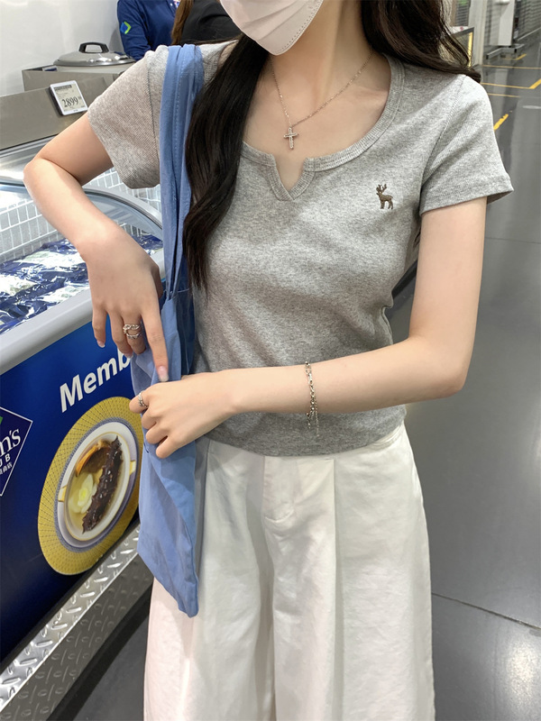 半开领百搭刺绣设计感短袖T恤女夏季2025新款休闲显瘦套头上衣ins|undefined