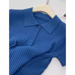 今年はpolo襟の青いニット半袖tシャツが流行しています。
