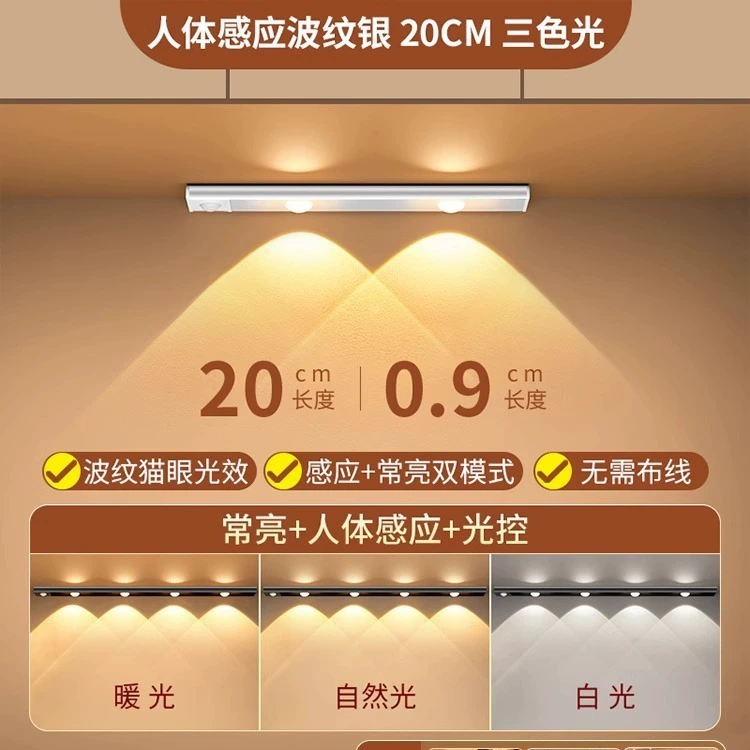 Zhicheng умная светодиодная лента для кошачьего глаза: перезаряжаемая самоклеящаяся подсветка шкафа с датчиком обнаружения человека