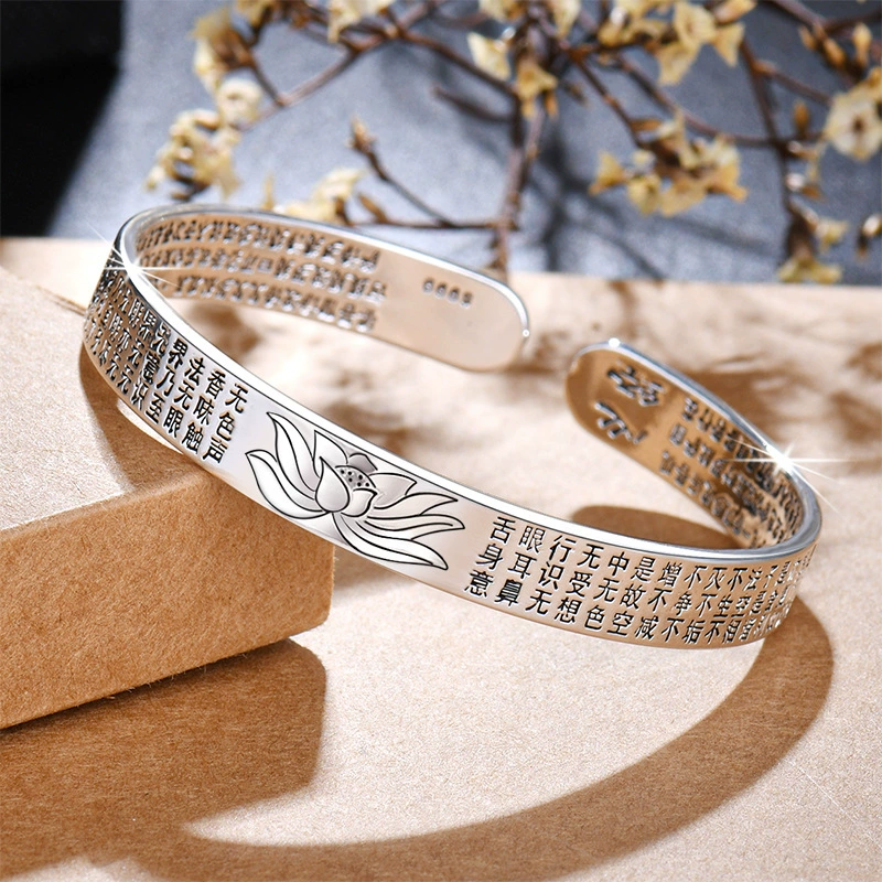 Mantra bracelet female opening lotus, Thai silver solid, retro country-style cuff 13 cm
