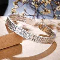 Mantra bracelet female opening lotus, Thai silver solid, retro country-style cuff 13 cm