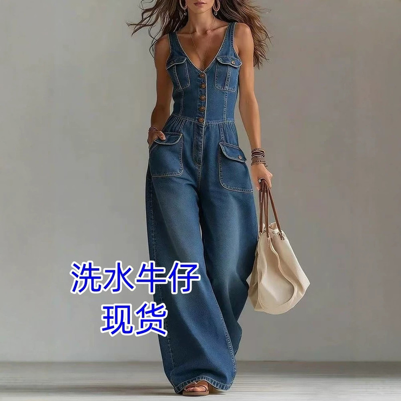 2026 Foreign Trade European and American Cross-Border Tight-Waist Washed Denim Jumpsuit Straight Loose Sleeveless Overalls 2026 Foreign Trade European and American Cross-Border Tight-Waist Washed Denim Jumpsuit Straight Loose Sleeveless Overalls