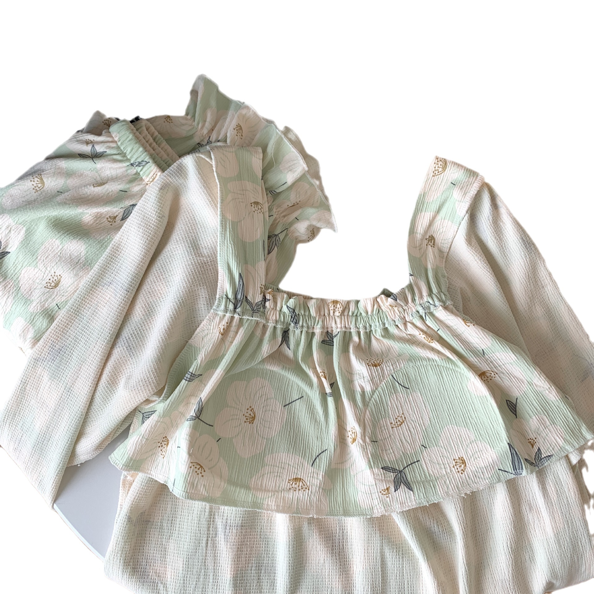 Pijamas florales de estilo coreano simple pijamas de punto colmena cuello cuadrado Jersey de manga larga de algodón con almohadilla de pecho dulce hogar desgaste traje