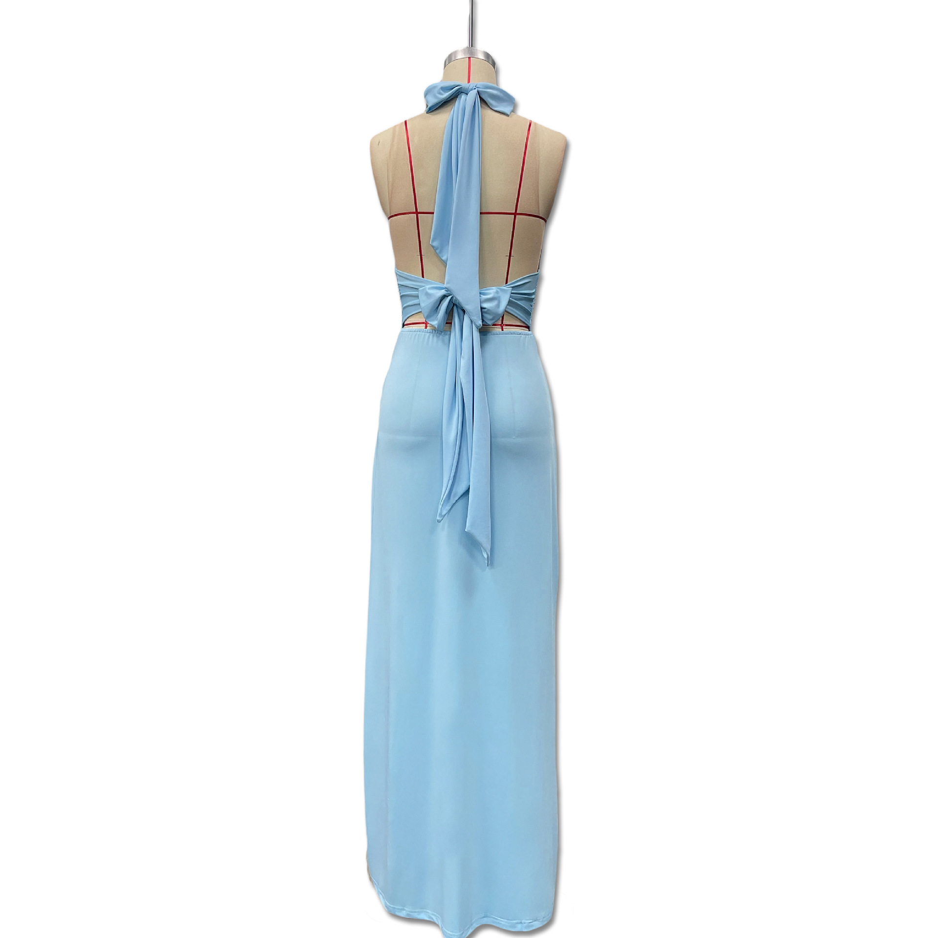 Elegant Women's Sleeveless Halter Neck V Neck Slit Long Dress European American Style Deep V Solid Color Cinching Sexy Dress_ecoleips.com