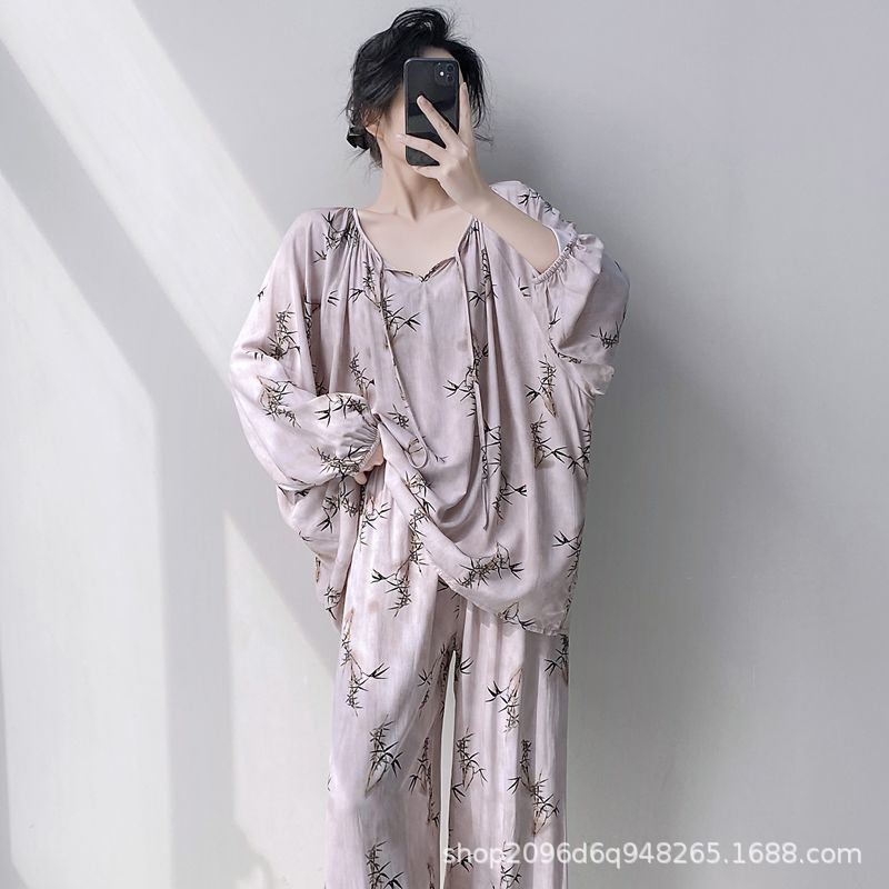 女性用パジャマ、春と秋の長袖人工綿シルク、国民風プリント、ゆったりとした大きいサイズの綿シルクホーム服セット、薄手|undefined