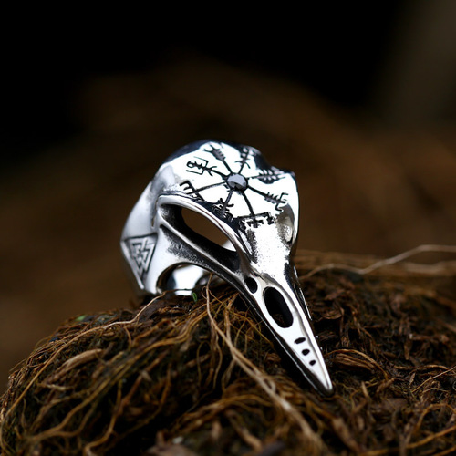  New Viking Crow Gemstone Stainless Steel Ring European and American Retro Compass Titanium Steel Men's Ring