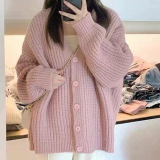 春秋季新款宽松粉色显瘦针织开衫女粗针大码女装长袖软糯毛衣外套