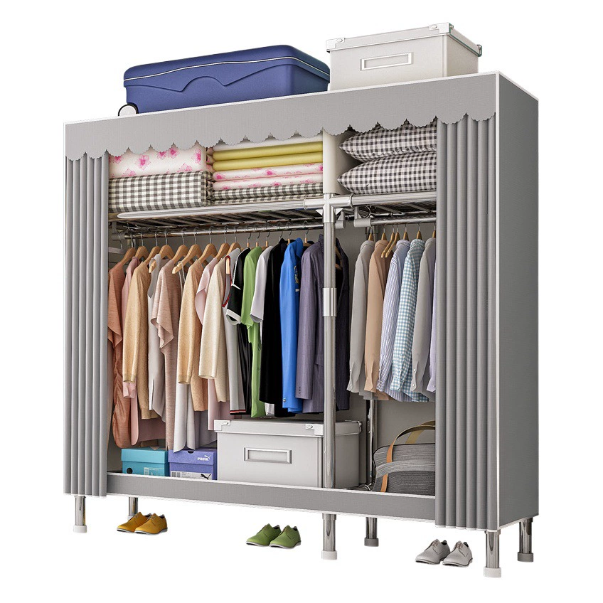 Простой шкаф Домашняя спальня Арендная комната Общежитие Полностью стальная рама Утолщенный собранный шкаф для хранения ткани большой емкости