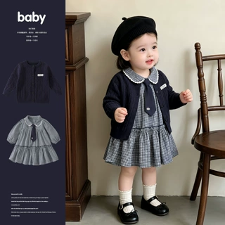 婴幼儿简约毛线外套宝宝秋季新款韩系花边领格子领带连衣裙两件套