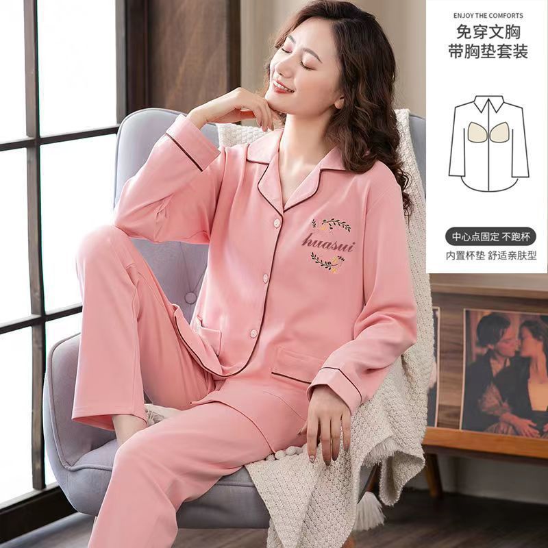 Pijama con cojín de pecho para mujeres primavera y otoño mangas largas 2023 nuevo conjunto de ropa de casa de otoño para mujeres