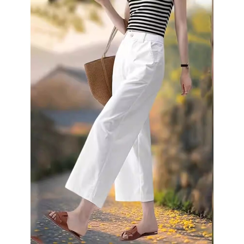 White Ice Silk Straight-Leg Casual Pants for Women, Summer Thin Style, Plus Size, High-Waisted, Slimming, Petite, Loose-Fitting, Cropped Wide-Leg Pants