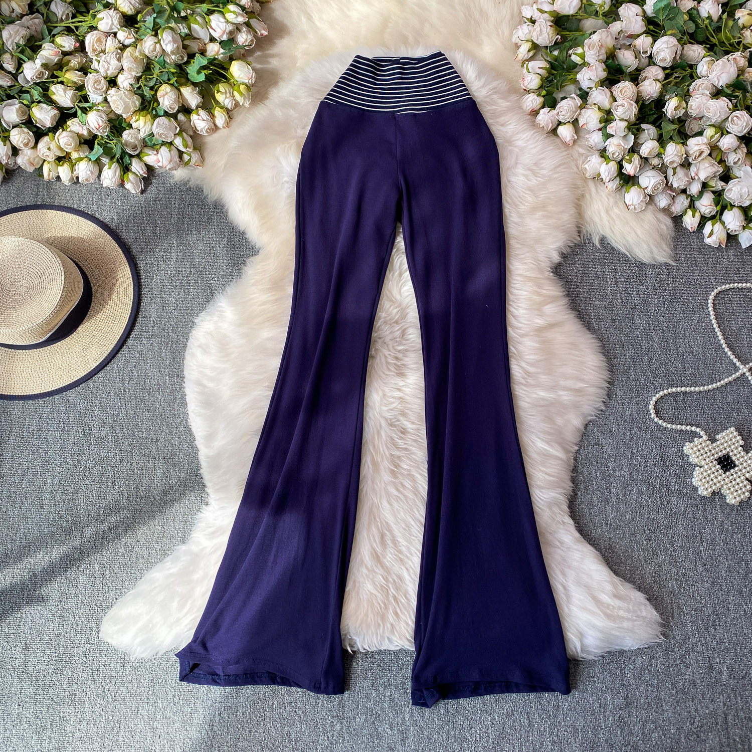 Korean Style High-Waisted Striped Flared Pants Women's Slimming Elongating Summer Bottoms Simple Stylish Polyester Capris_ecoleips.com