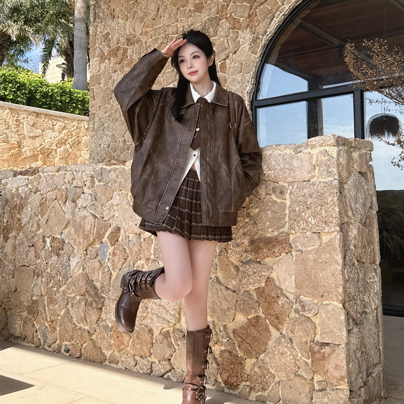复古擦色做旧棕色皮衣女秋款2025新款美式甜酷机车PU皮夹克短外套|undefined