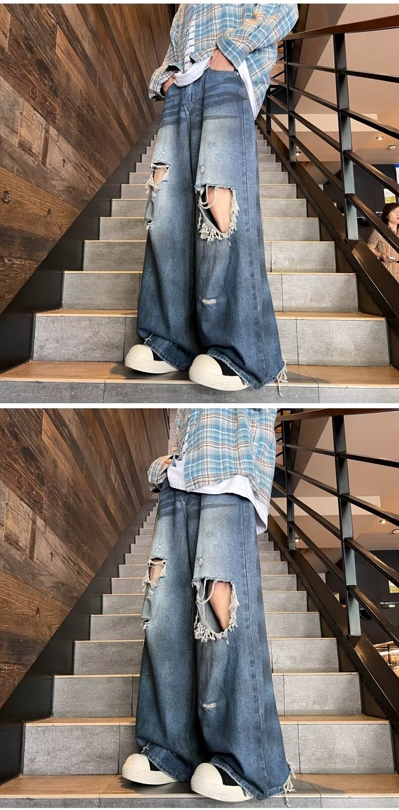 boy European And American Washed Vintage Ripped Jeans For Men, Unique Design, High Street Casual Versatile Fashion Wide-Leg_viptrois.com