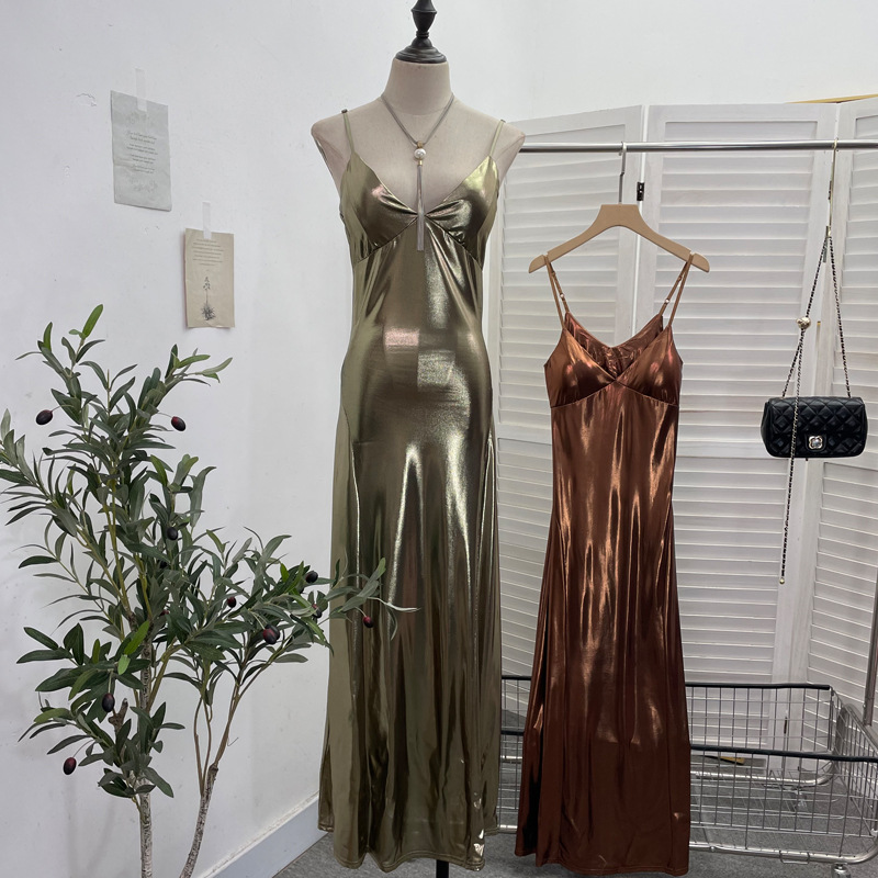 Sexy Liquid Metal Color Sling Dress with Chest Pad Dress