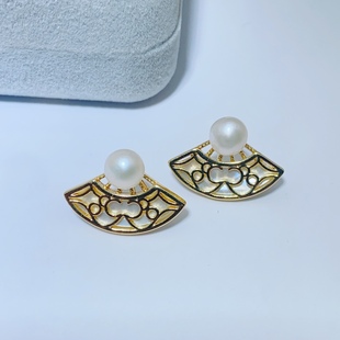 2023 new retro style colorful shell hollow fan natural freshwater gray pearl earrings manufacturers wholesale