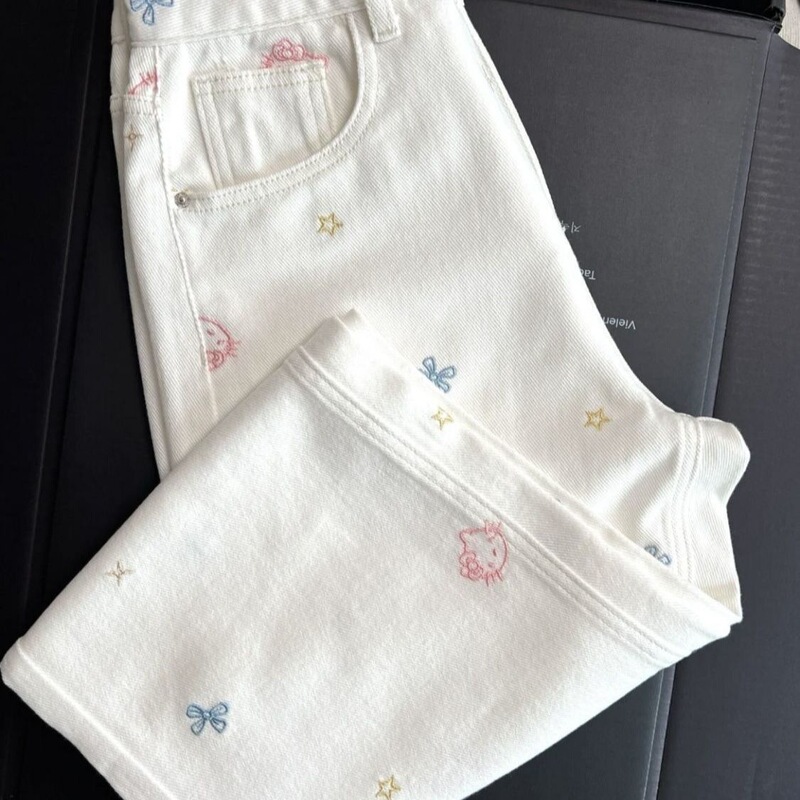 Relaxed Style Jeans for Women, Korean Style, Cute Kitty Cat Embroidery, Wide-Leg, Slimming, High-Waisted, Floor-Length Straight Pants