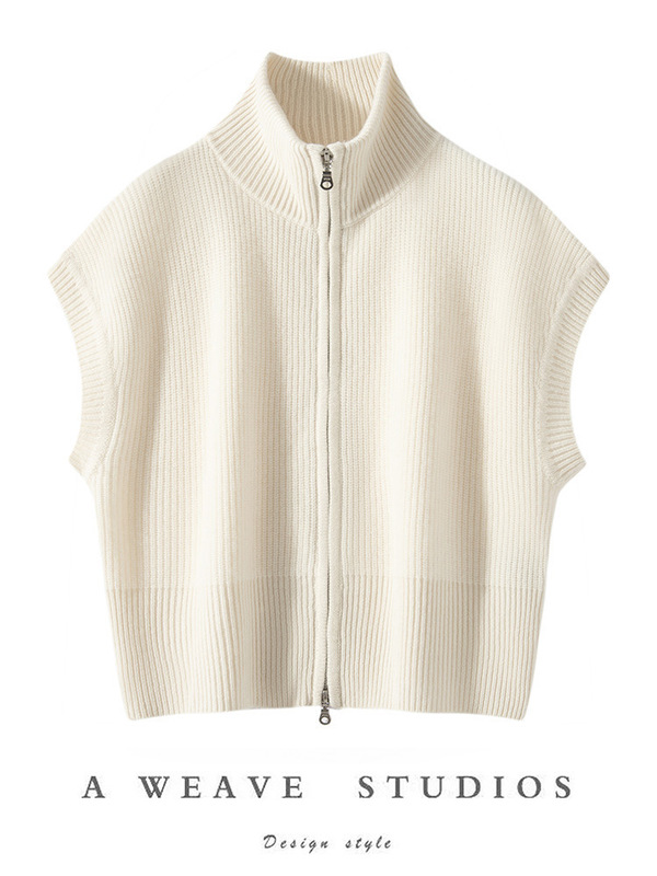 Trendy and Casual Pure White Cashmere Knit Cardigan Sleeveless Vest 10 High-Neck Women's Loose Zipper Sweater