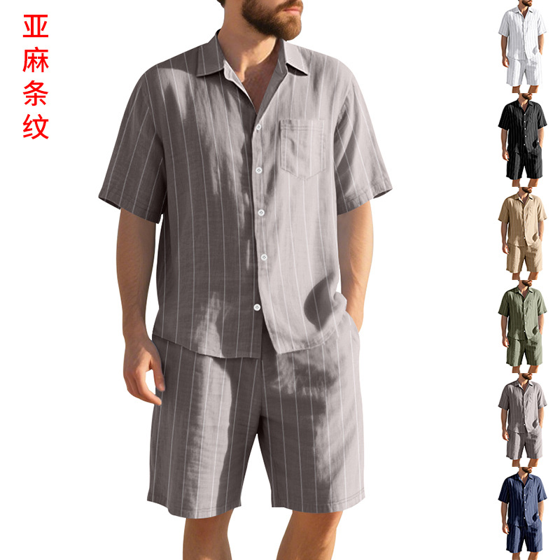 유럽과 미국의 국경 간 여름 남성 린넨 자카드 정장 유럽 사이즈 느슨한 반팔 셔츠 비치 반바지 남성용 투피스 세트